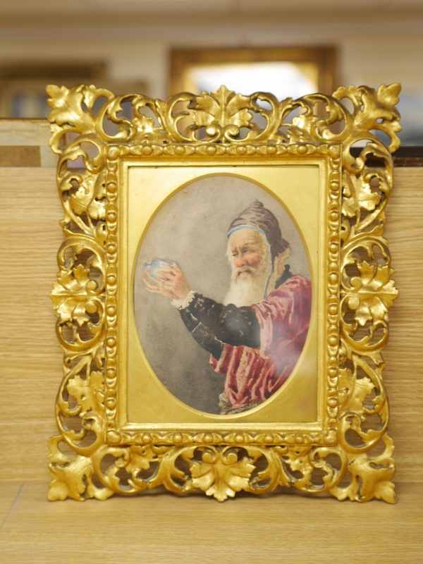 19th century Florentine gilt frame housing an oval watercolour of an elderly gentleman, overall frame size 42 x 35cm. Condition - lower right corner of frame repaired